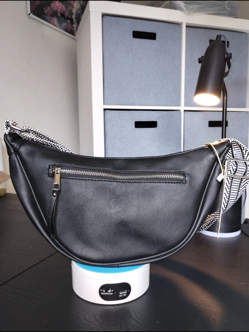 Black Vegan Leather Shoulder Bag with Patterned Strap